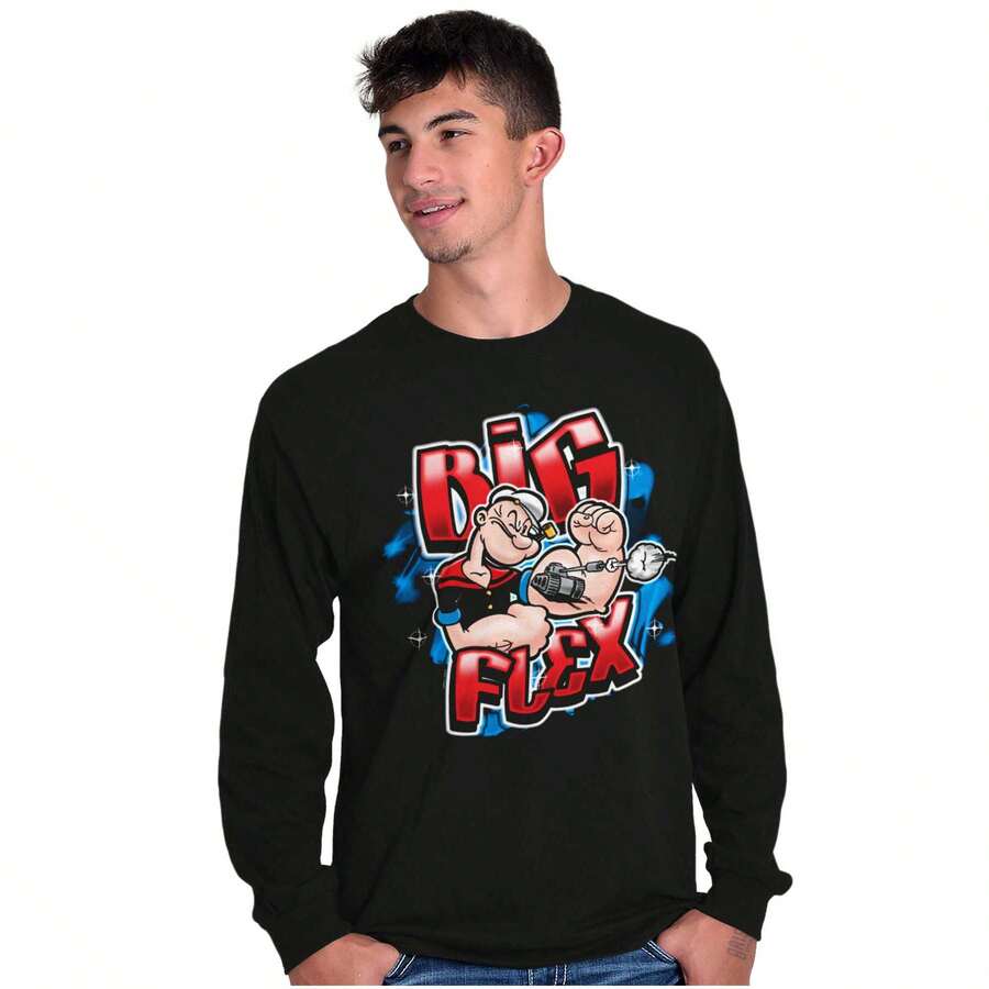 Popeye Airbrushed  Cartoon Big Flex Mens Long Sleeve Tee T Shirt - 黑色 - 查看 1