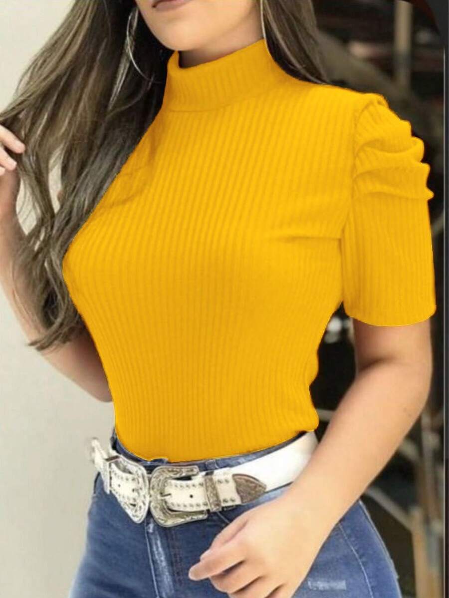 SHORT SLEEVE PRINCESS Puffant HIGH NECK BLOUSE - Mostaza Amarilla - Ver 1