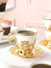 4pcs/12pcs Electroplated Porcelain Aroma Coffee Cup & Saucer Sets, European Style Gold Rimmed, 2 Cups 2 Saucers/6 Cups 6 Saucers Coffee Cup Gift Set (4pcs/12pcs Include Saucers) Back To School