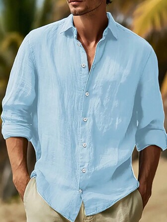 Men's Casual Solid Color Classic Polo Long Sleeve Shirt, Great For Outdoor Activities And Commuting, For Fall