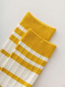 5 双女士黄白条纹中筒袜，柔软舒适，适合春夏秋季日常穿着 - 彩色 - 查看 5