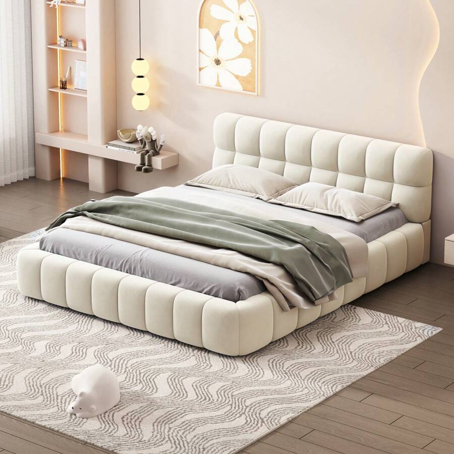Double Bed 140x200cm, Upholstered Bed With Slatted Frame And Headboard, Youth Bed, Flat Bed With Upholstered Surround, Upholstered Bed Youth Bed Bed Frame, Linen, Beige - 米色 - 查看 1