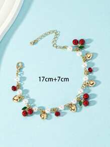 1 件时尚百搭可爱人造珍珠和心形樱桃吊坠手链情人节 - 彩色 - 查看 4