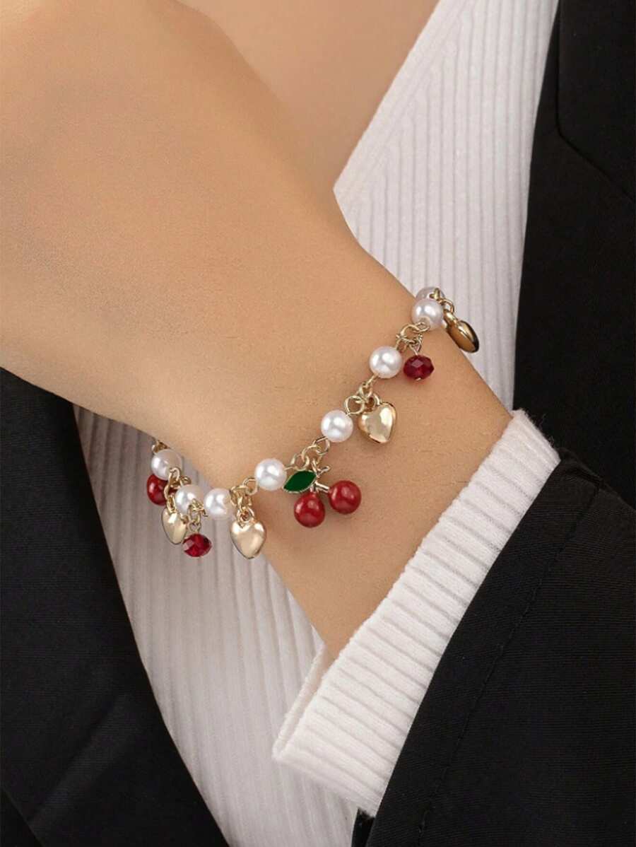 1 件时尚百搭可爱人造珍珠和心形樱桃吊坠手链情人节 - 彩色 - 查看 1