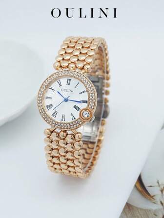 1pc OULINI Women's Rose Gold Alloy Round Quartz Watch, Elegant Bohemian, Vintage Business, Suitable For Daily Wear, Social Occasions, Vacation, Holiday, Comes With Gift Box, Girlfriend Gift, Mother Gift
