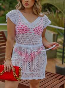 Women's Short Knit Beach Cover-Up With High-Waisted Slit Summer Knit Beachwear - trắng - Xem 2