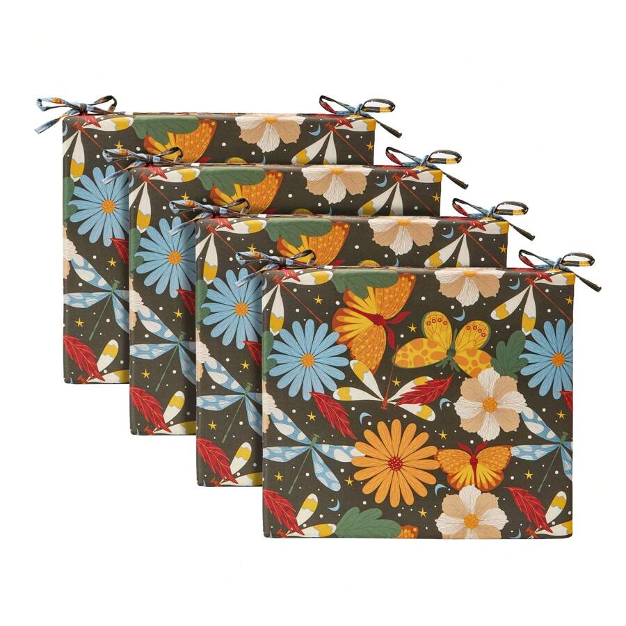 Outdoor Chair Cushions Set Of 4 For Patio Furniture, Water-Resistant Square Corner Patio Chair Cushions With Ties, High Density Foam Outdoor Seat Cushion, 18.5" X 16" X 3" - 花的 - 查看 1