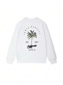 1 hanorac casual pentru fete, cu imprimeu tropical, cu guler rotund, mânecă lungă, îmbrăcăminte pentru studenți, toamnă/iarnă, potrivit pentru recreere în aer liber