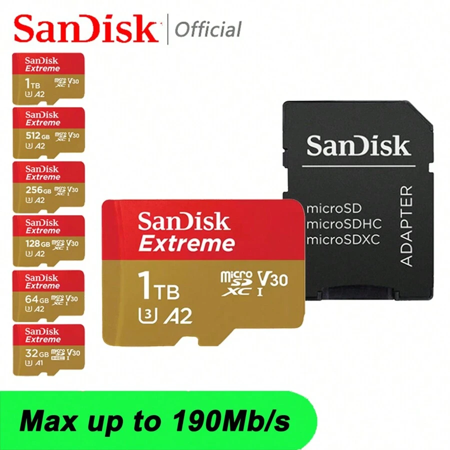 SanDisk Micro SD Memory Card TF Flash Card 1TB 512GB 256GB 128GB 64GB 32GB, U3 4K V30 A2 TF Card MicroSD Card, Suitable For Phones, Cameras, Monitors, Drones, Gaming, Up To 190M/S Max Speed