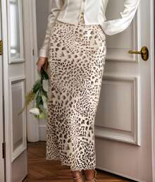 hoteel Womens Leopard Print Skirt Midi Long Length Silk Satin High Waist Elastic Skirts - 米色 - 查看 1