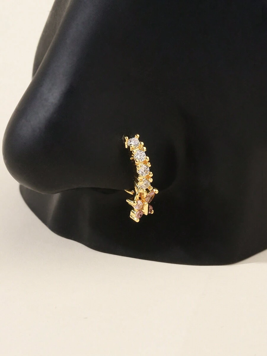 1件装立方氧化锆粉色蝴蝶鼻环，铜质人体穿刺饰品，男女皆宜 - 金色 - 查看 1