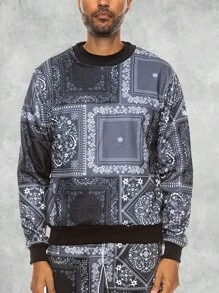 Men's Regular Fit Paisley Printed Fleece Long Sleeve Pullover Sweatshirt - Black - View 4