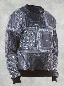 Men's Regular Fit Paisley Printed Fleece Long Sleeve Pullover Sweatshirt - Black - View 2
