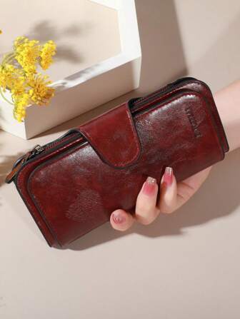 New Fashion Women Simple Oil Wax Leather Solid Color Clutch Business Casual Woman Gifts Hand Bags For Ladies Big Wallet Essentials Items For Women Wallet Purse Wallet Long Wallet