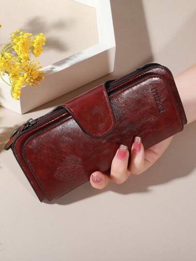 New Fashion Women Simple Oil Wax Leather Solid Color Clutch Business Casual Woman Gifts Hand Bags For Ladies Big Wallet Essentials Items For Women Wallet Purse Wallet Long Wallet