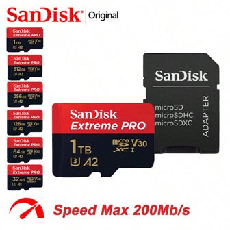  SanDisk Extreme PRO MicroSDXC卡，U3 4K V30 A2記憶卡TF閃存卡 128GB 1TB 512GB 256GB 64GB 32GB，高速Micro SD卡迷你SD卡適用於手機相機監控無人機