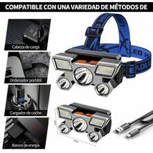 Lámpara de Cabeza 5 LED LED Frontal Recargable - con Cable USB y Batería 5 Perlas de Lámpara 4 Modos Foco Luces Headlamp Lmpermeable 90 ° Dirección Ajustable para Pescar Caminar Acampar Senderismo Montañismo Correr Senderismo Ciclismo etc Lampara de Cabeza Lámpara de Cabeza Recargable Linterna Frontal función de zoom 5 LED - azul - Ver 11