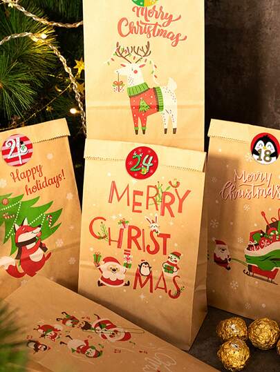 24pcs Christmas Kraft Gift Bags With Advent Calendar Stickers, Cartoon Santa Claus & Snowflake Design, Holiday Treat & Gift Packaging, Festive Paper Envelopes For Party Favors And Gifts,Christmas