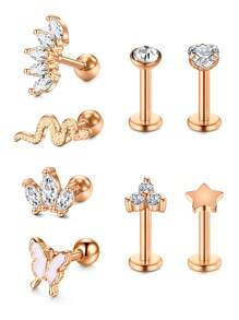 8pcs Stainless Steel Ear Ring  Tragus Cartilage Hoop Cartilage Earring Stud Ear Bone Stud CZ Serpentine Butterfly 16G Body Piercing Jewelry Mix And Match Stylish, Simple And Comfortable To Wear - Ear Bone Studs - View 11