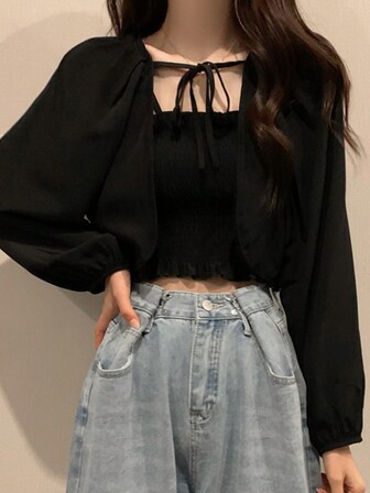 2 件纯色百搭宽松长袖女式开衫衬衫上衣，带吊带背心衬垫