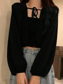 2件組純色百搭寬鬆長袖女款襯衫上衣附吊帶內搭 - 黑色 - 查看 5