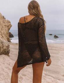 Crochet Crop Tops For Women Swimsuit Cover Up Bikini Sexy Hollow Knit - 黑色 - 查看 5