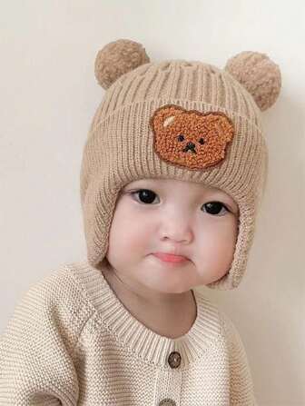 1pc Baby Hat Cute Bear Knitted Earflap Hat For Children Thick Warm Winter Cap Korean Infant Toddler Beanie