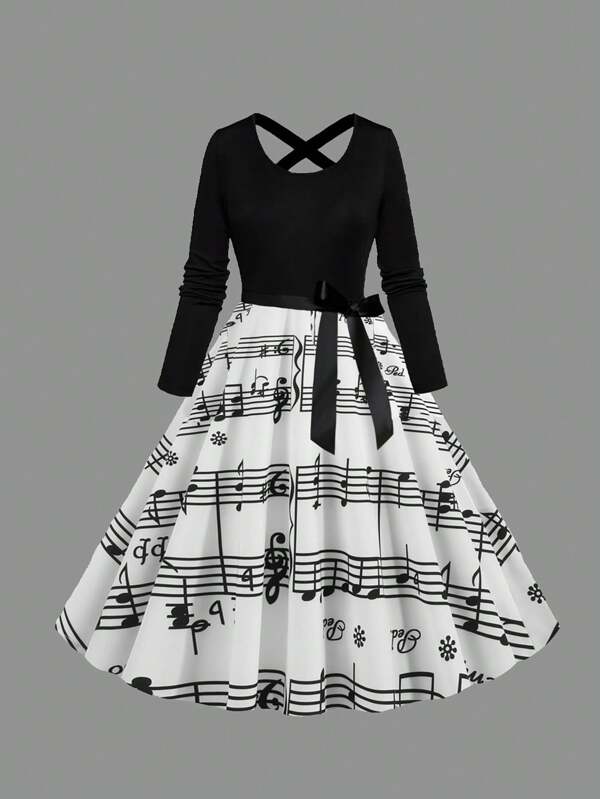 Music Note Print Retro V-Neck Tie Waist Casual Dress For Women