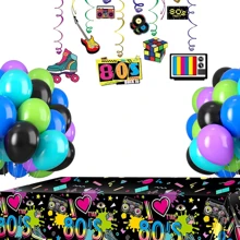 80s Plastic Party Tablecloth, Green Purple Teal Balloons, Back To The 80s Party Decorations 80's Party Hanging Swirls, 80's Party Table Cover 80s Birthday Party Supplies, The 80's Hip Hop Party Decoration, Throwback Birthday Party Decoration For Dining Room