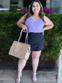 Women's Plus Size Skirt Shorts High Waist Crepe Mesh Elastane With Belt - màu đen - Xem 5