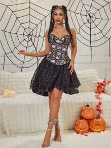 1 buc. Camolă strânsă cu imprimeu schelet, îmbrăcăminte modelată în stil Halloween