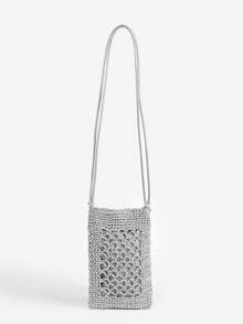 Tas Rajut Buatan Tangan Musim Semi/Panas, Tas Anyaman Tali Bohemian Retro, Tas Ponsel dengan Desain Menarik, Tas Bahu/Selempang Kecil Serbaguna Kasual Rajut Berongga, Tas Pantai Liburan, Dompet Leher - Perak - View 2