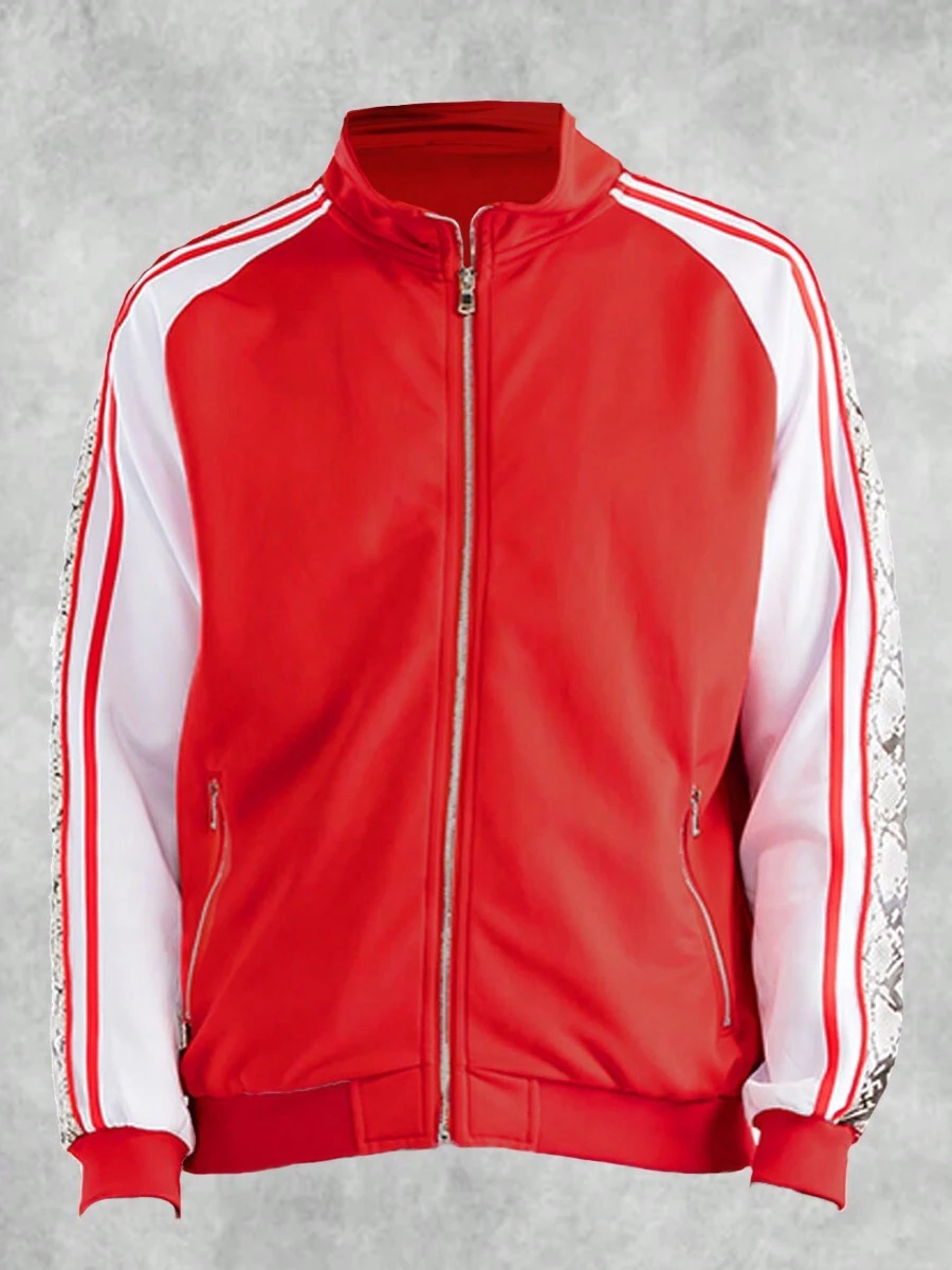 Mens Side Stripe Snake Tape Zip Up Track Jacket Activewear - Red - View 1
