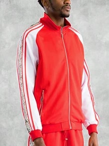 Mens Side Stripe Snake Tape Zip Up Track Jacket Activewear - Red - View 5