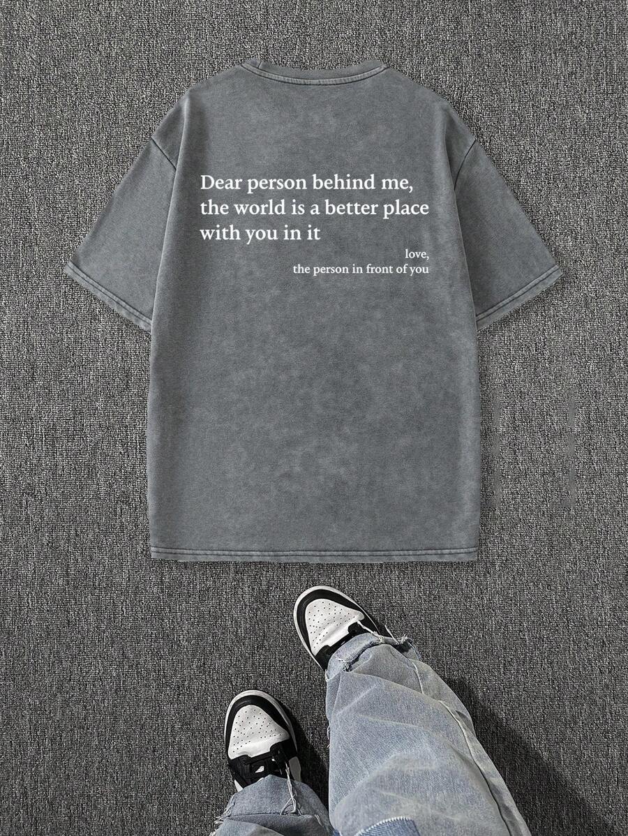 Men's Casual Loose Fit Slogan Print Short Sleeve T-Shirt, Summer - Light Grey - View 1