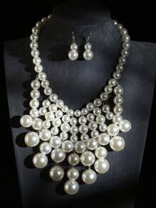 1入時尚優雅的編織珍珠項鍊和1對珍珠耳環組合女士珠寶套裝 - 白色 - 查看 14