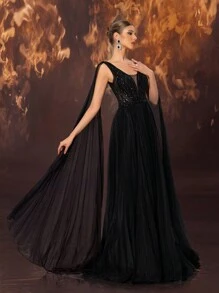 YISIKADO Rochie de seară formală pentru femei, rochie lungă de tul multi-strat, pliată manuală, cu mărgele, rochie de bal neagră, pentru invitat la nuntă, absolvire, cină - Negru - Vizualizare 3