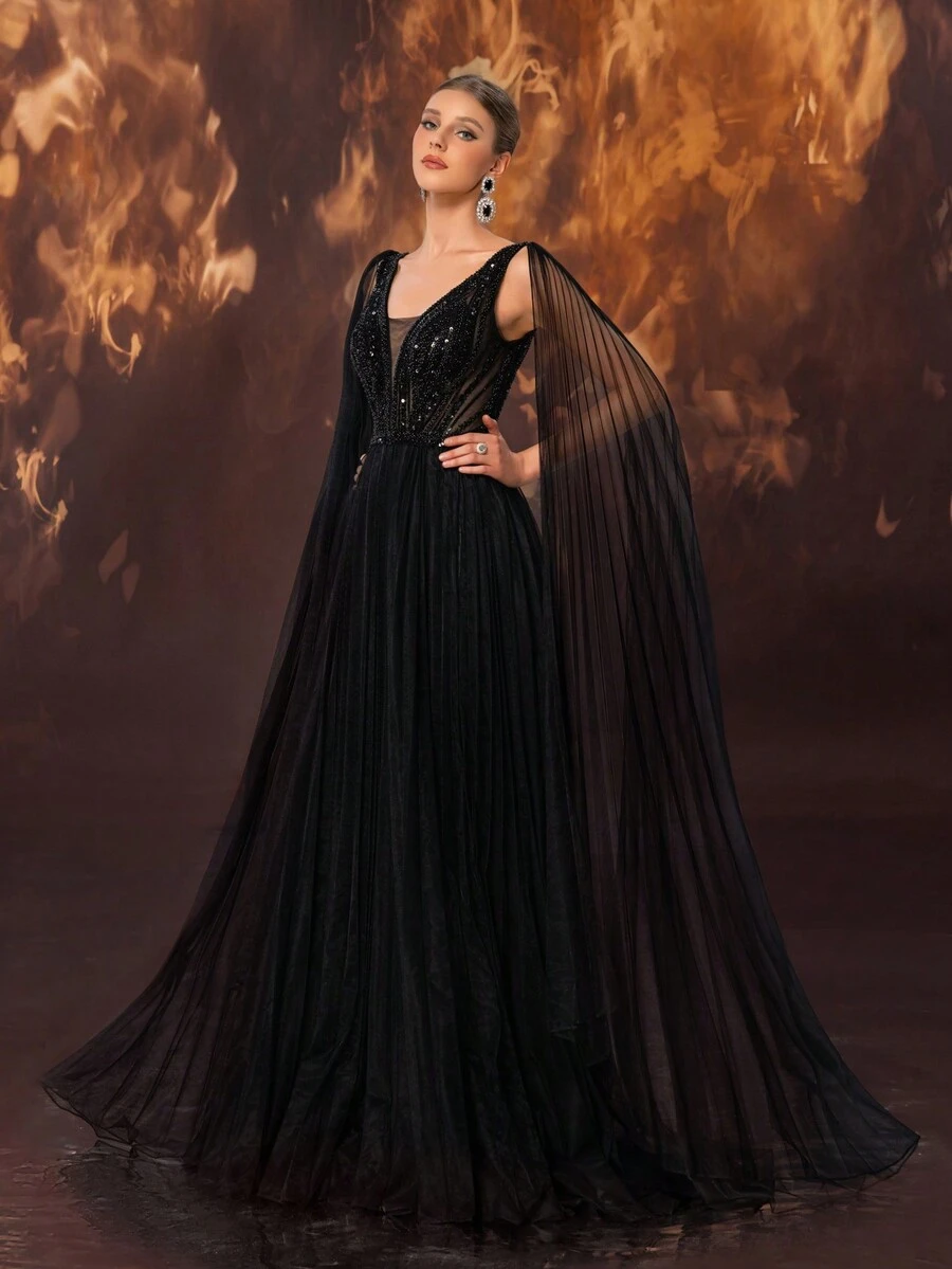 YISIKADO Rochie de seară formală pentru femei, rochie lungă de tul multi-strat, pliată manuală, cu mărgele, rochie de bal neagră, pentru invitat la nuntă, absolvire, cină - Negru - Vizualizare 1