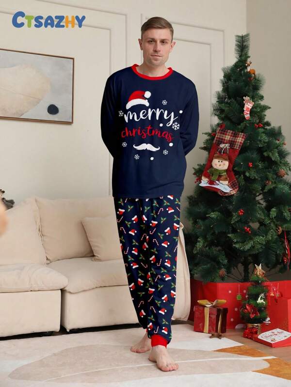 2pcs Christmas Santa Claus Hat, Beard, Snowflake & Letter Print Top And Pants Men's Christmas Pajamas Set