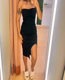 Leticia Strapless Midi Tube Dress With Elastic Chest Pads Ribbed Fabric Summer Fashion - 黑色 - 查看 2