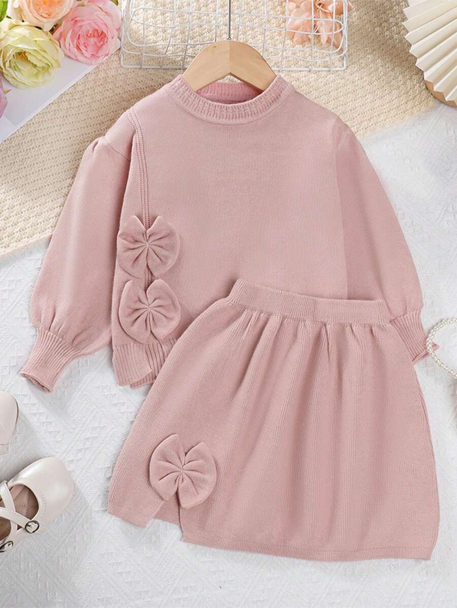 Completo 2 pezzi per ragazza, maglione a maniche lunghe con fiocco e tinta unita, morbido, e gonna, per autunno inverno - Rosa antico - Visualizzare 1