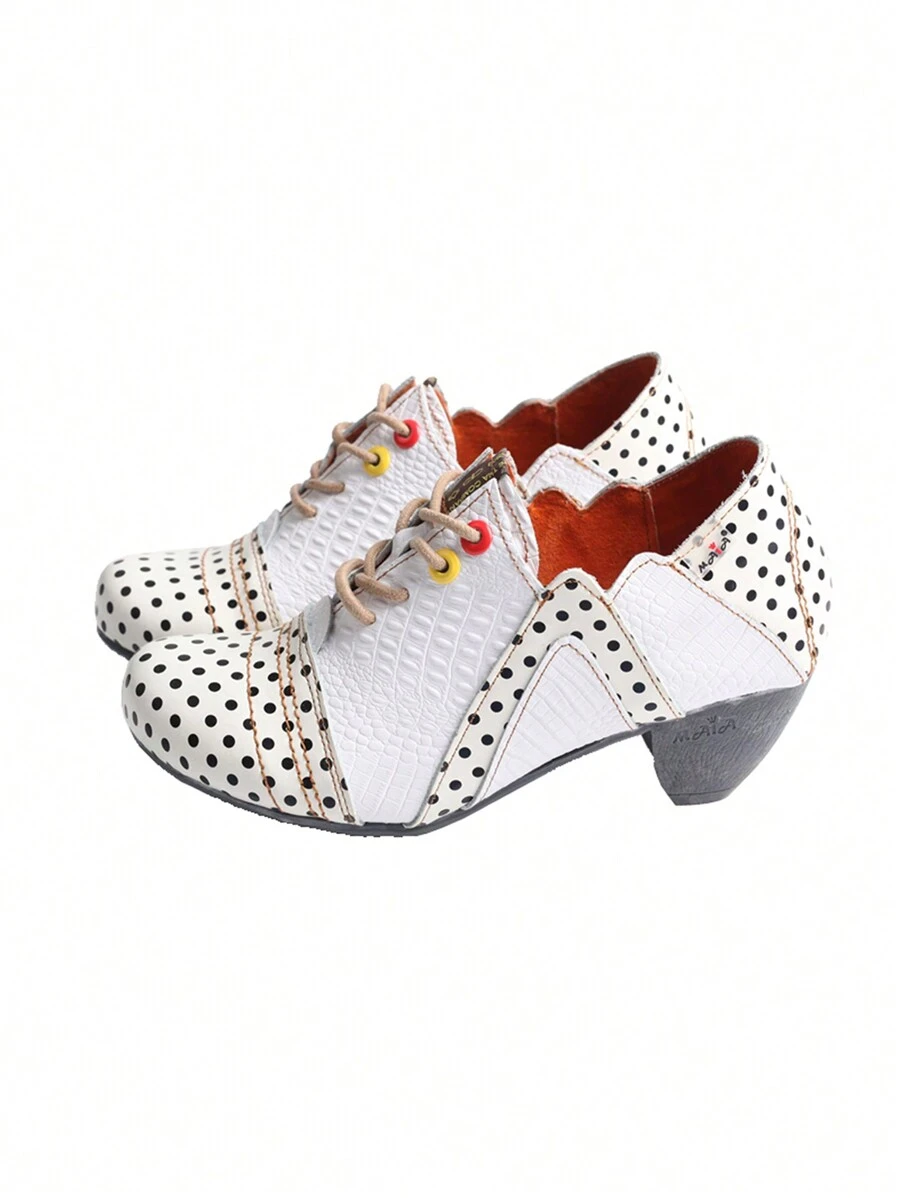 1 Pair Of Ladies Leather Polka Dot Shallow High Heel Single Shoes Fashion Retro Wear Autumn And Winter New Leather Shoes - 白色 - 查看 1