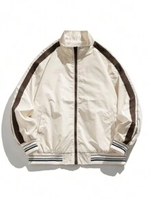 Men Striped Trim Zip Up Jacket - Khaki - View 1