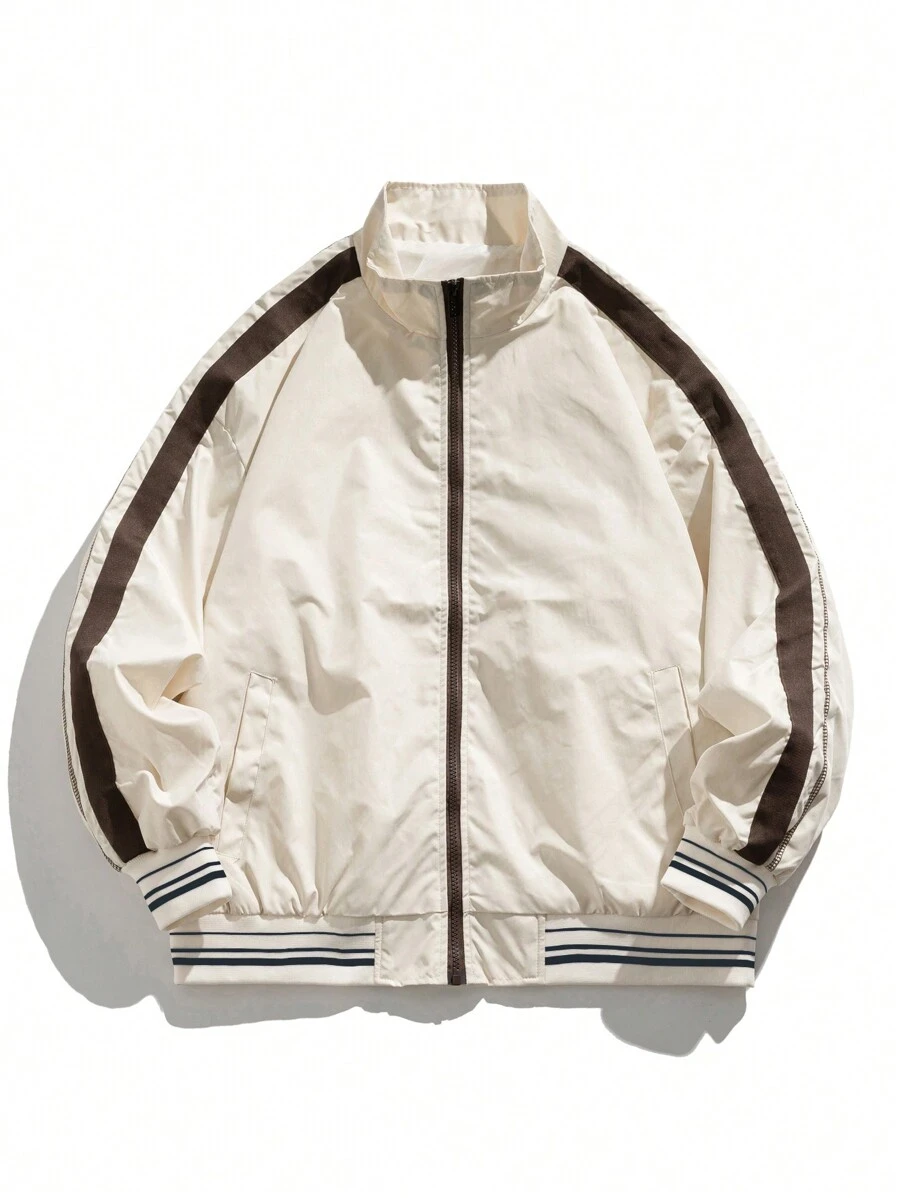 Men Striped Trim Zip Up Jacket - Khaki - View 1