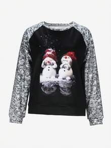 1 buc. Hanorac de Crăciun cu imprimeu negru cu om de zăpadă ocazional pentru femei - Negru - Vizualizare 4