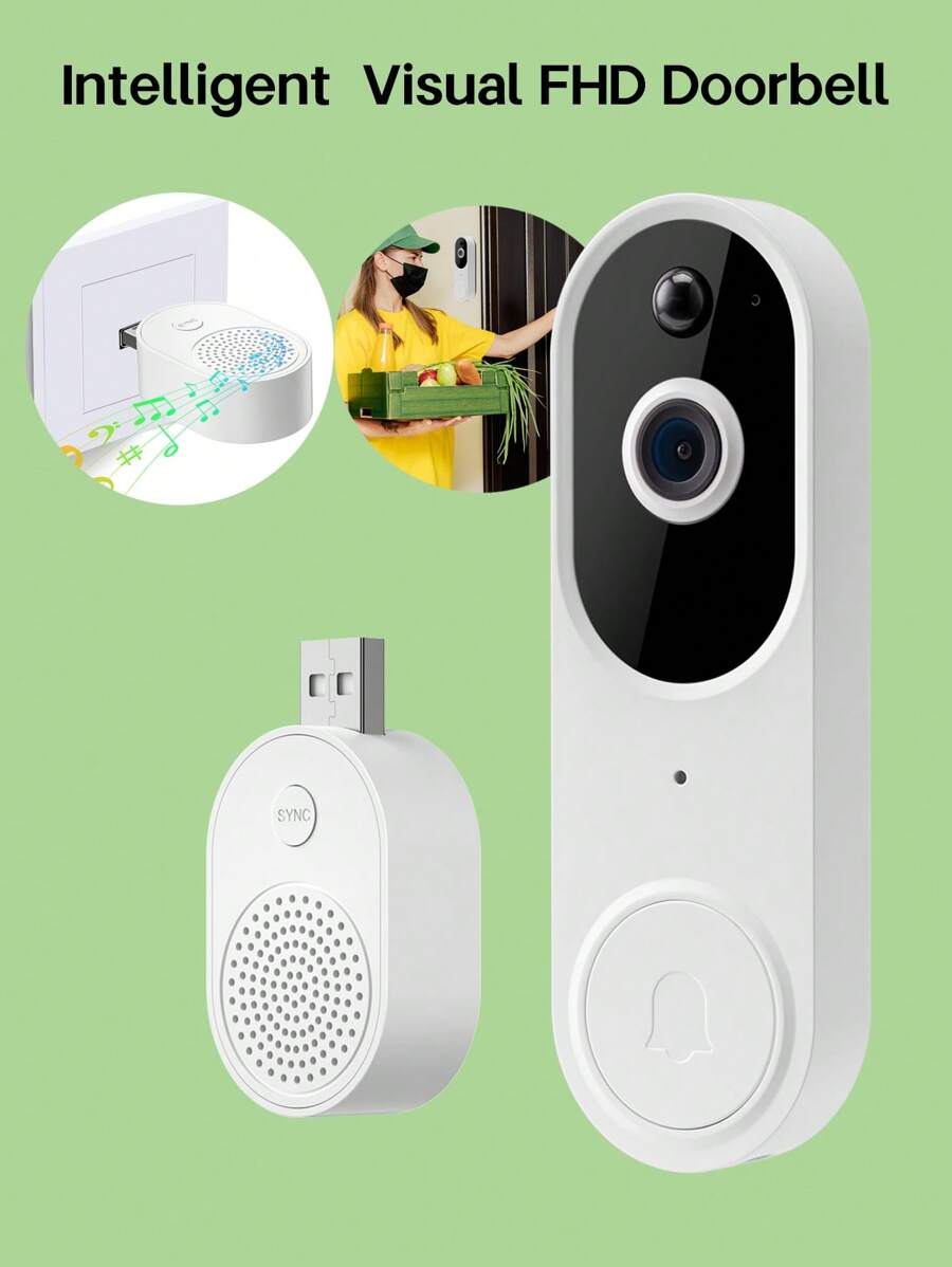 1 cái, Chuông cửa hình ảnh thông minh 1080P, Đi kèm 1 chuông báo trong nhà màu trắng (Kiểu cắm USB), Chuông báo hình ảnh thông minh WiFi 2,4G Hz, Đàm thoại âm thanh hai chiều, Không thấm nước, FHD (Độ phân giải cao đầy đủ), Phát hiện chuyển động, Hỗ trợ lưu trữ đám mây - trắng - Xem 1