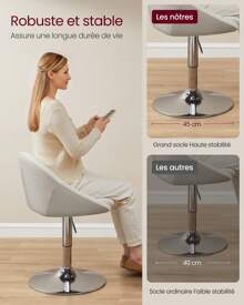 VASAGLE Chaise Réglable, Chaise de Coiffeuse, Fauteuil de Bureau Pivotant, Tabouret de Bar avec et Socle, en Acier, pour Bar, Bureau, Coiffeuse, Salle à Manger, Blanc Crème - Blanc - Voir 3