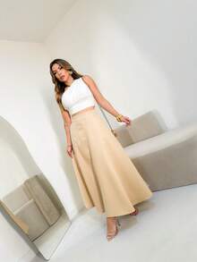 Monochromatic Long Tailored Skirt With Side Pockets And Zipper Details /DD065 - 米色 - 查看 5