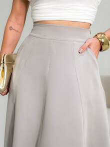 Monochromatic Long Tailored Skirt With Side Pockets And Zipper Details /DD065 - 灰色 - 查看 3