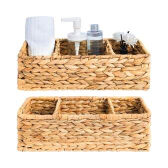2PCS - Wicker Toilet Basket Tank Topper, Toilet Paper Basket For Back Of Toilet Tank Top, 3-Section Water Hyacinth Storage Baskets, 2 Packs